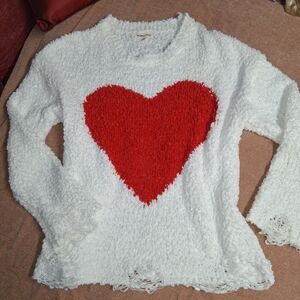 Main Strip White Sweater with Red Heart